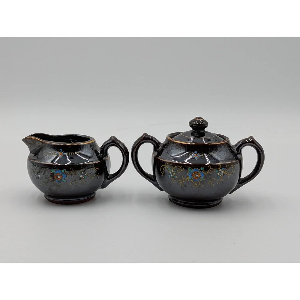 Vintage Japan Ceramic Creamer Pitcher‎ and Sugar Bowl with Lid Floral Accents